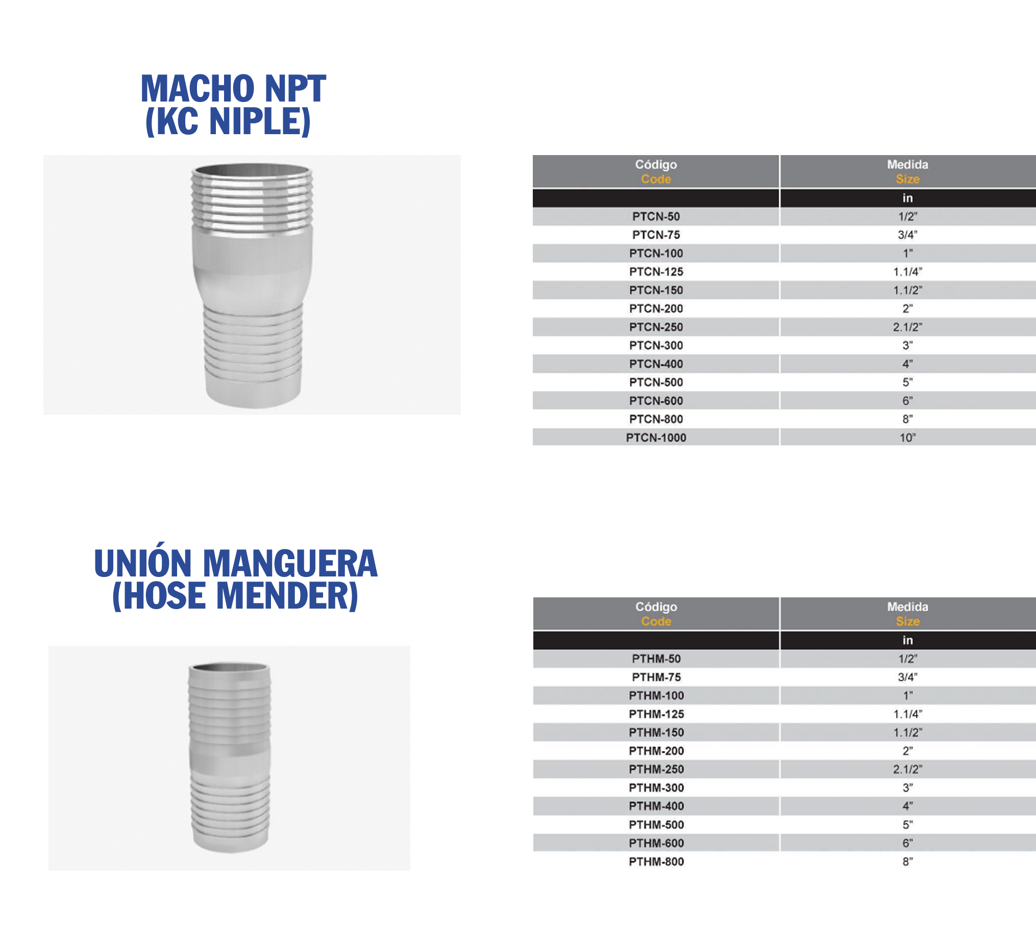 Niples Baja Presión, Macho NPT, KC Niple, Unión Manguera, Hose Mender